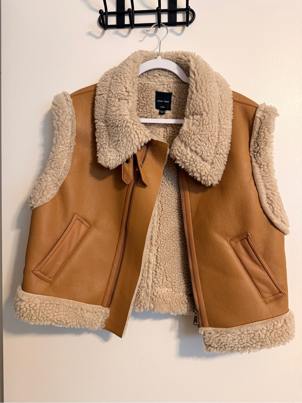 Love Tree Tan Faux-Leather Vest with Cream Faux-Shearling